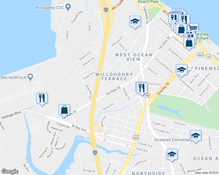 map of restaurants, bars, coffee shops, grocery stores, and more near 9233 1st View Street in Norfolk