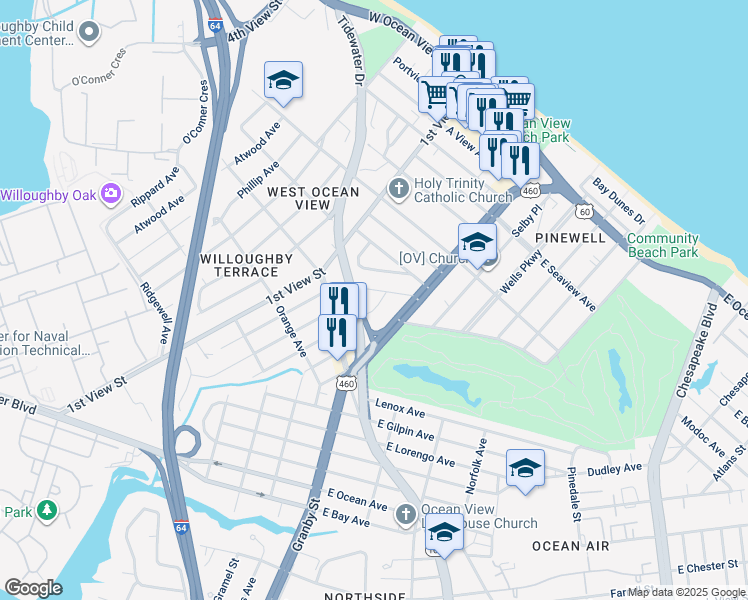 map of restaurants, bars, coffee shops, grocery stores, and more near 9385 Pine Tree Road in Norfolk