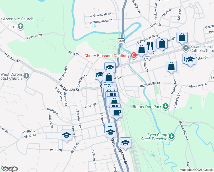 map of restaurants, bars, coffee shops, grocery stores, and more near in Corbin