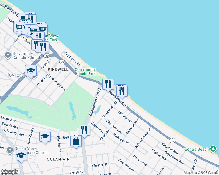 map of restaurants, bars, coffee shops, grocery stores, and more near 905 East Ocean View Avenue in Norfolk