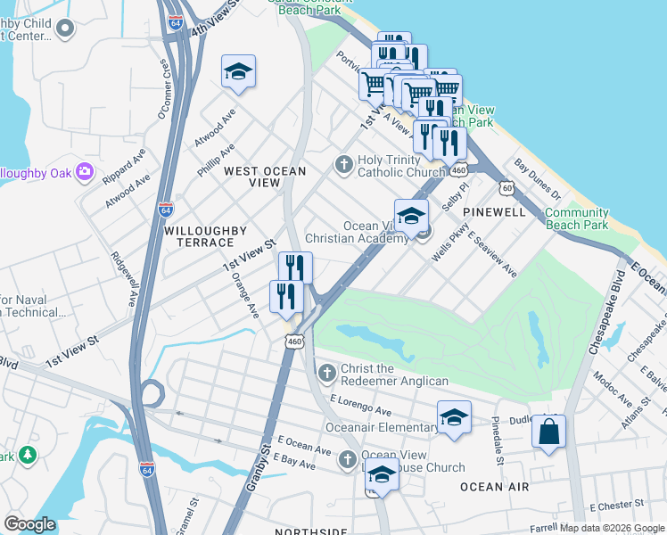map of restaurants, bars, coffee shops, grocery stores, and more near 9385 Granby Street in Norfolk