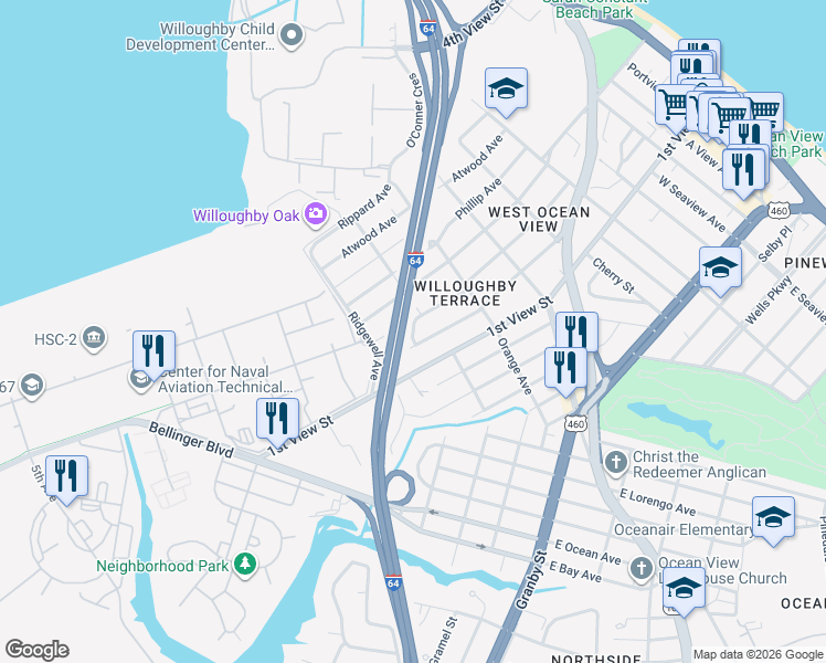 map of restaurants, bars, coffee shops, grocery stores, and more near 8475 Cape View Crescent in Norfolk