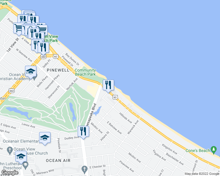 map of restaurants, bars, coffee shops, grocery stores, and more near 905 East Ocean View Avenue in Norfolk