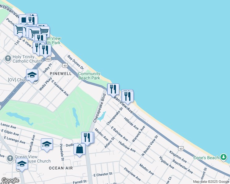 map of restaurants, bars, coffee shops, grocery stores, and more near 828 East Ocean View Avenue in Norfolk
