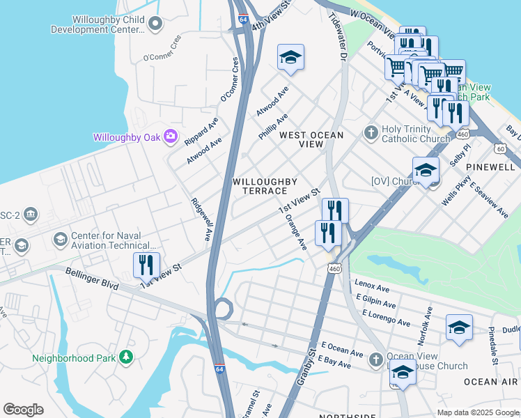 map of restaurants, bars, coffee shops, grocery stores, and more near 9268 Peachtree Street in Norfolk