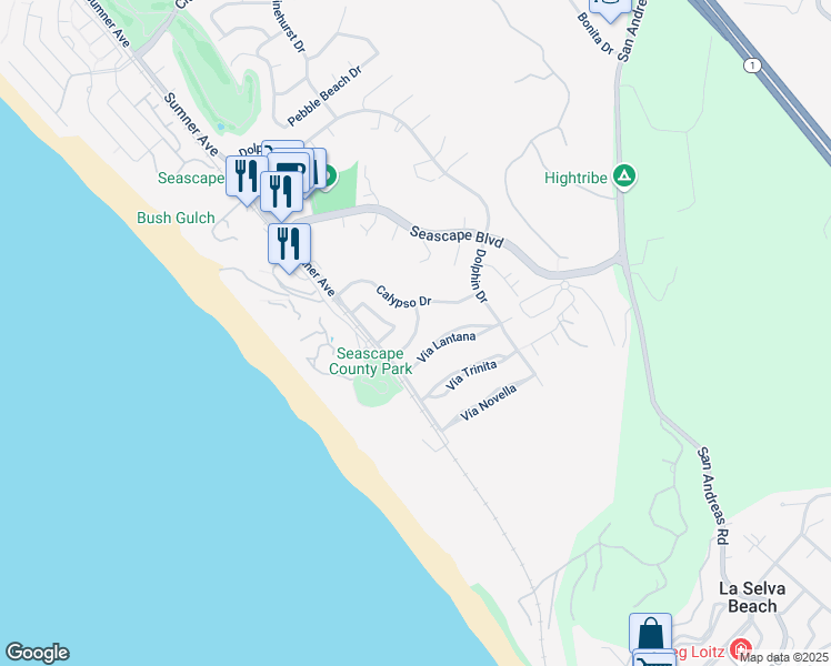 map of restaurants, bars, coffee shops, grocery stores, and more near 190 Vía Medici in Aptos