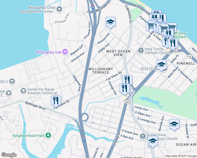 map of restaurants, bars, coffee shops, grocery stores, and more near 9268 Peachtree Street in Norfolk