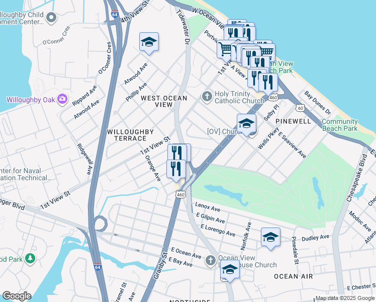map of restaurants, bars, coffee shops, grocery stores, and more near 151 Osborne Road in Norfolk