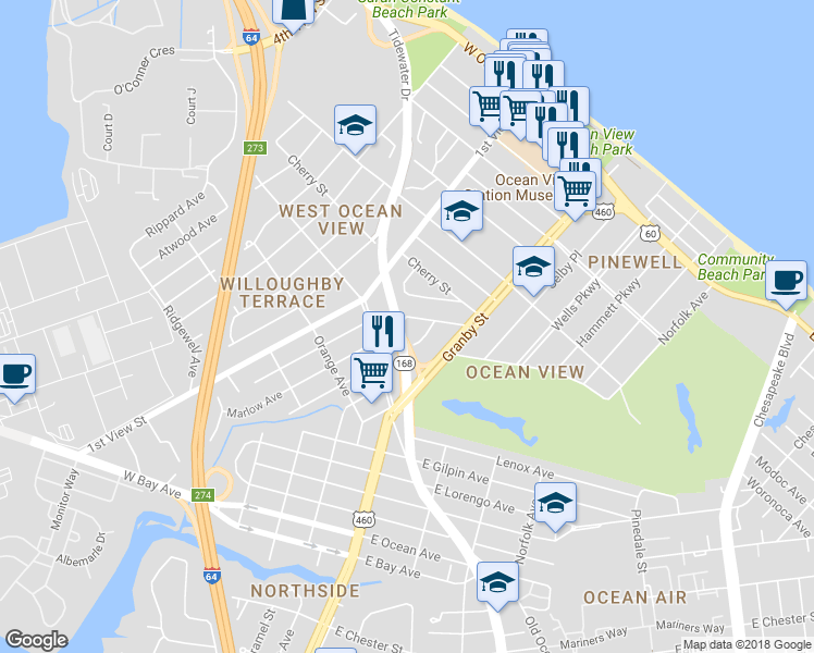 map of restaurants, bars, coffee shops, grocery stores, and more near 151 Osborne Road in Norfolk