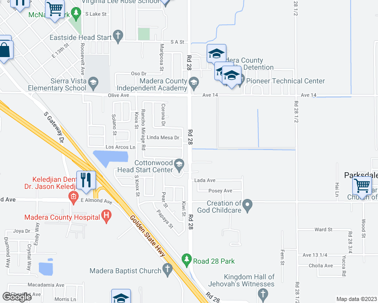 map of restaurants, bars, coffee shops, grocery stores, and more near 13714 Tozer Street in Madera