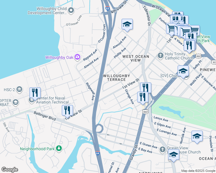 map of restaurants, bars, coffee shops, grocery stores, and more near 9253 Peachtree Street in Norfolk