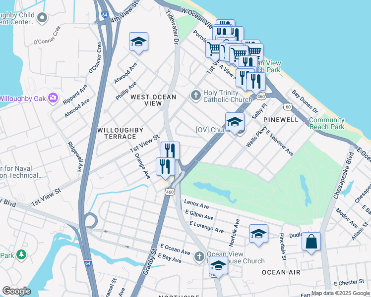 map of restaurants, bars, coffee shops, grocery stores, and more near 9391 Pine Tree Road in Norfolk