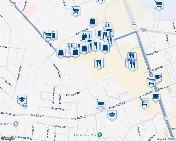 map of restaurants, bars, coffee shops, grocery stores, and more near 160 American Avenue in Bowling Green