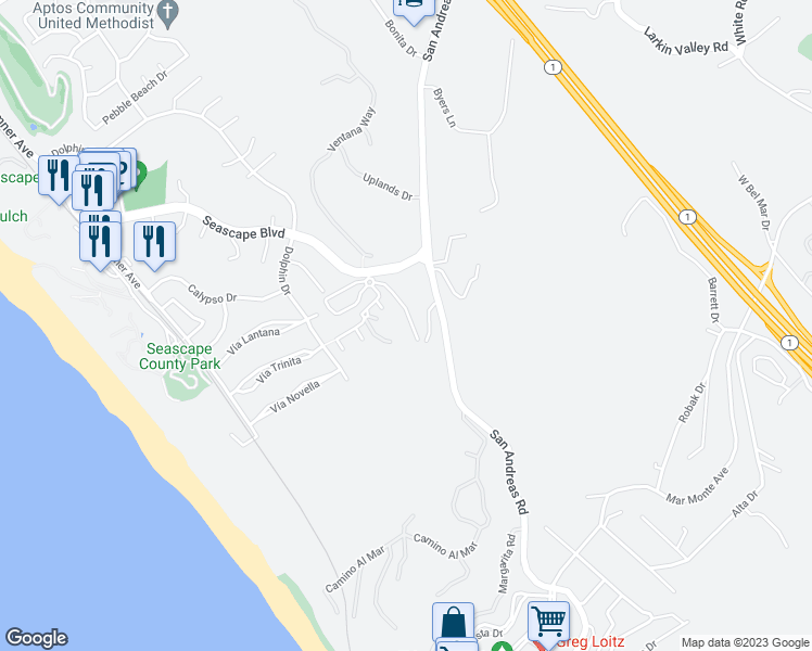 map of restaurants, bars, coffee shops, grocery stores, and more near 168 Seascape Ridge Drive in Aptos