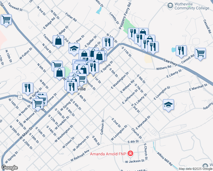 map of restaurants, bars, coffee shops, grocery stores, and more near 225 East Franklin Street in Wytheville