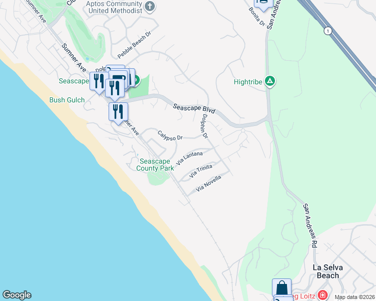 map of restaurants, bars, coffee shops, grocery stores, and more near 173 Vía Lantana in Aptos