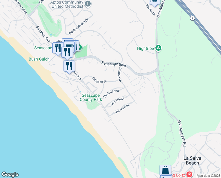 map of restaurants, bars, coffee shops, grocery stores, and more near 173 Vía Lantana in Aptos