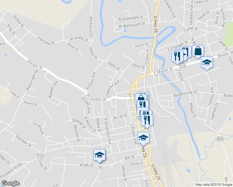 map of restaurants, bars, coffee shops, grocery stores, and more near 101 West Center Street in Corbin