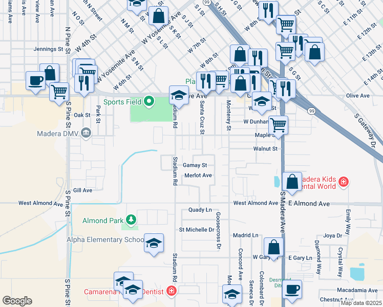 map of restaurants, bars, coffee shops, grocery stores, and more near 308 Santa Cruz Street in Madera