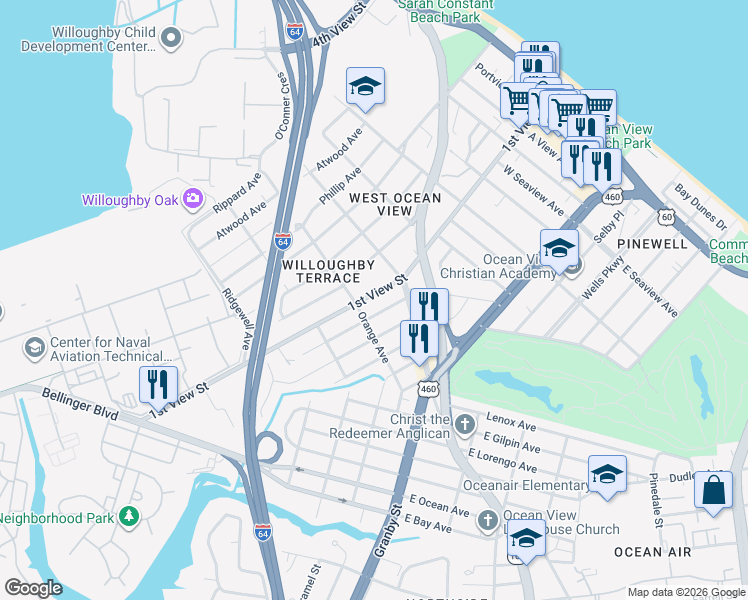 map of restaurants, bars, coffee shops, grocery stores, and more near 9319 1st View Street in Norfolk