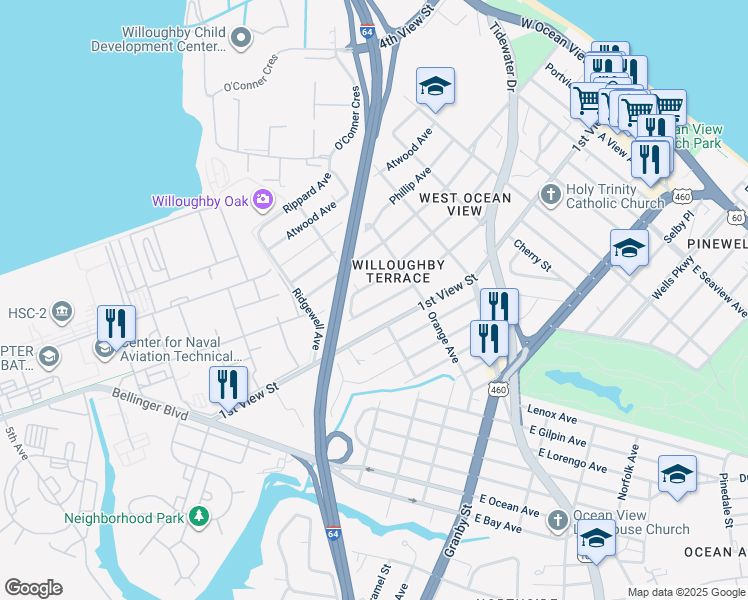map of restaurants, bars, coffee shops, grocery stores, and more near 9261 Hickory Street in Norfolk