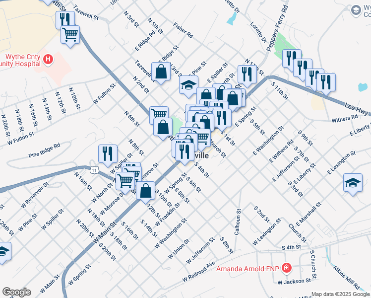 map of restaurants, bars, coffee shops, grocery stores, and more near 275 West Monroe Street in Wytheville