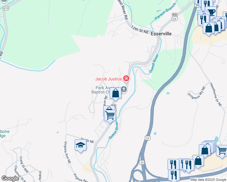 map of restaurants, bars, coffee shops, grocery stores, and more near 726 Virginia Avenue Northeast in Norton