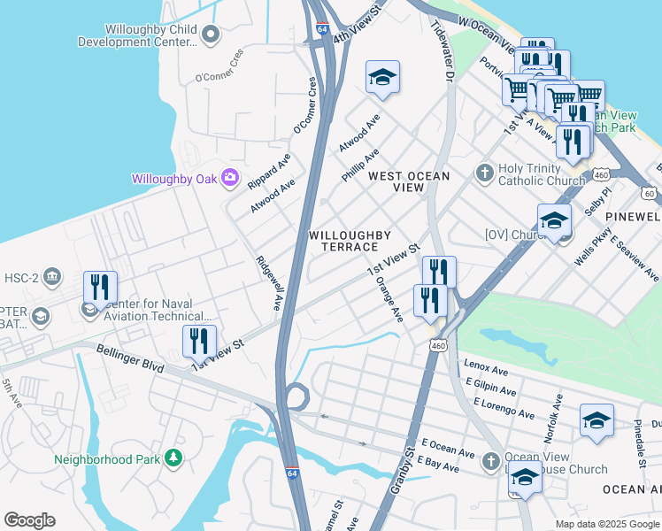 map of restaurants, bars, coffee shops, grocery stores, and more near 9261 Peachtree Street in Norfolk