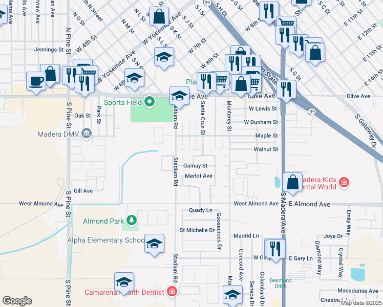map of restaurants, bars, coffee shops, grocery stores, and more near 308 Santa Cruz Street in Madera
