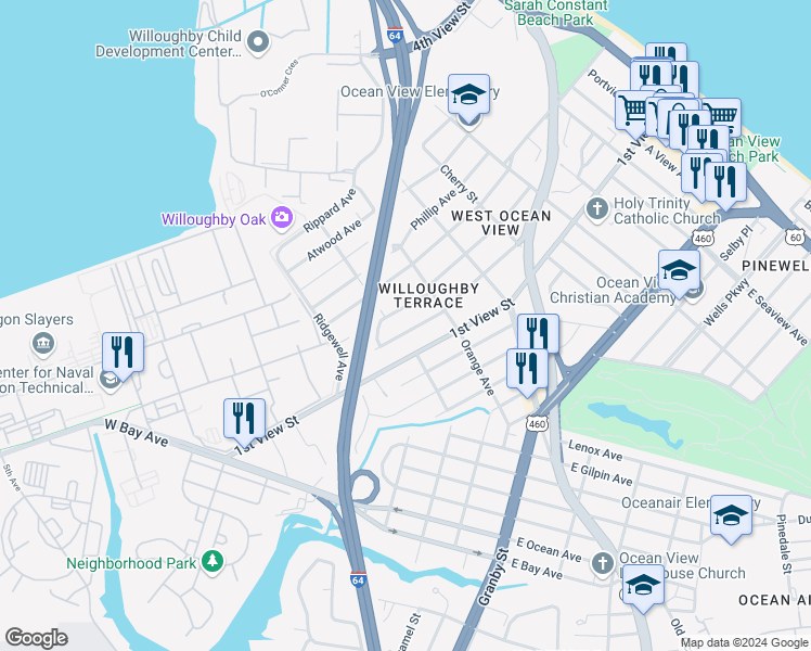 map of restaurants, bars, coffee shops, grocery stores, and more near 9261 Peachtree Street in Norfolk