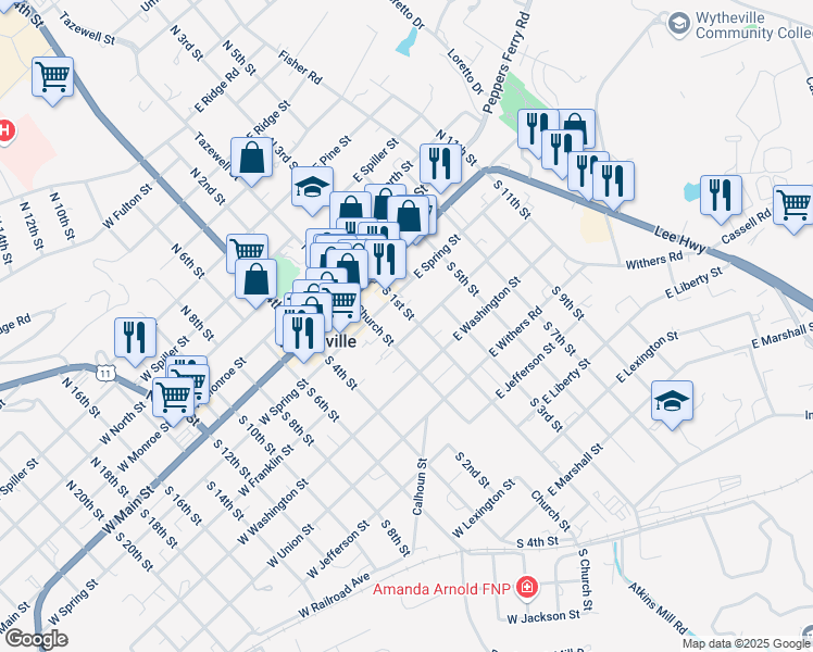 map of restaurants, bars, coffee shops, grocery stores, and more near 210 South 1st Street in Wytheville