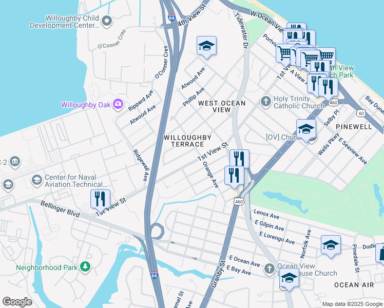 map of restaurants, bars, coffee shops, grocery stores, and more near 9291 Peachtree Street in Norfolk