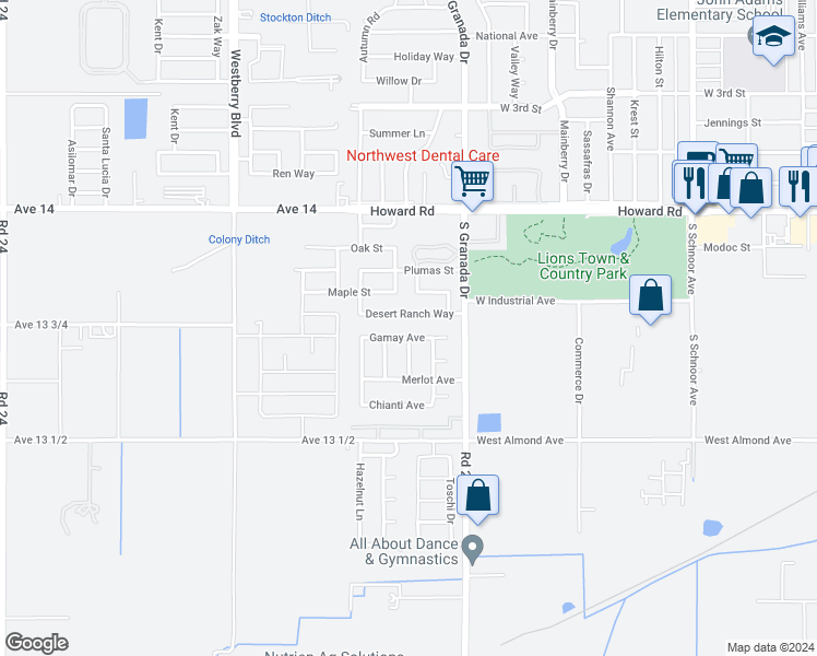 map of restaurants, bars, coffee shops, grocery stores, and more near 2783 Gamay Avenue in Madera