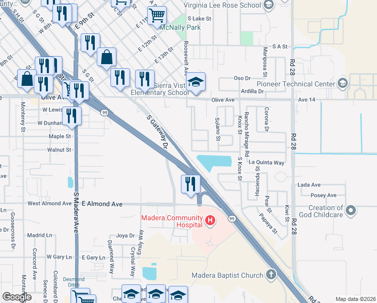 map of restaurants, bars, coffee shops, grocery stores, and more near 2046 Varbella Park in Madera