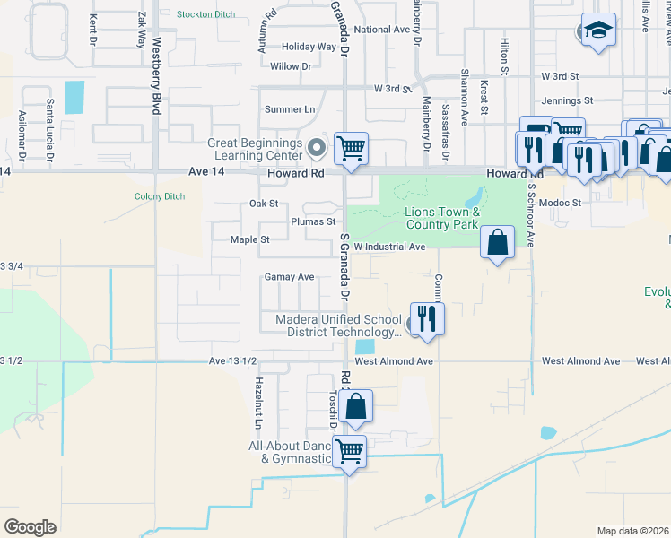 map of restaurants, bars, coffee shops, grocery stores, and more near 2646 Desert Ranch Way in Madera