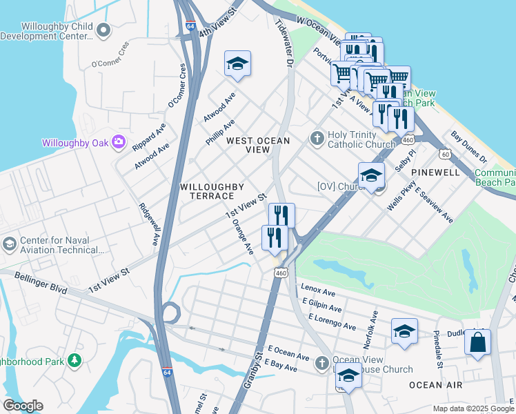 map of restaurants, bars, coffee shops, grocery stores, and more near 9335 Buckman Avenue in Norfolk