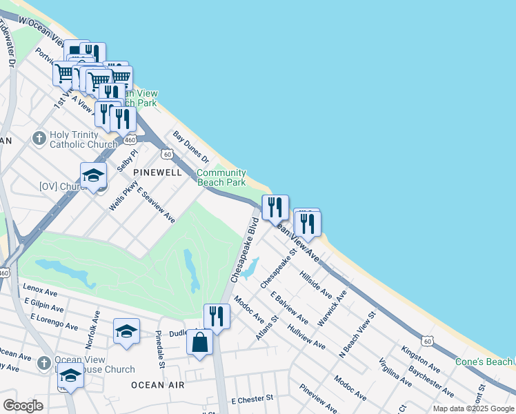 map of restaurants, bars, coffee shops, grocery stores, and more near Chesapeake Blvd & E Ocean View Ave in Norfolk