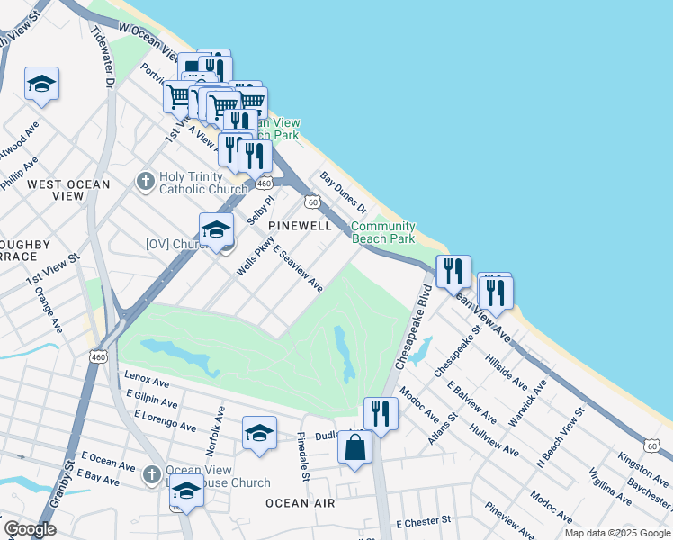 map of restaurants, bars, coffee shops, grocery stores, and more near 9641 Norfolk Avenue in Norfolk