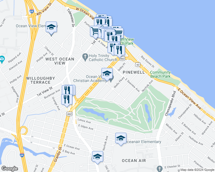 map of restaurants, bars, coffee shops, grocery stores, and more near 9458 Selby Place in Norfolk