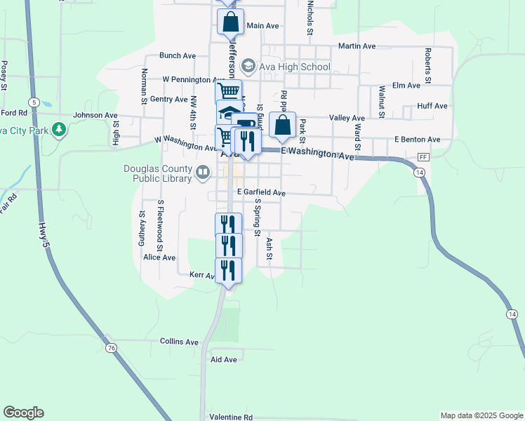 map of restaurants, bars, coffee shops, grocery stores, and more near 502 South Spring Street in Ava