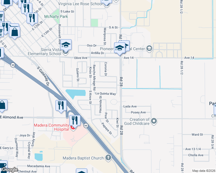 map of restaurants, bars, coffee shops, grocery stores, and more near 1456 Linda Mesa Drive in Madera