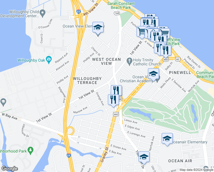 map of restaurants, bars, coffee shops, grocery stores, and more near 191 Maple Avenue in Norfolk