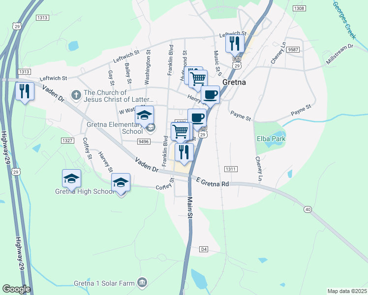 map of restaurants, bars, coffee shops, grocery stores, and more near 100 Vaden Drive in Gretna