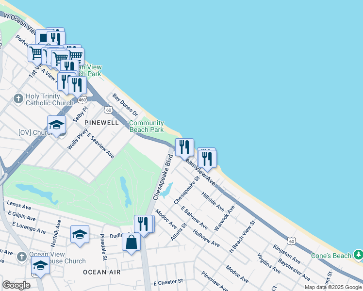 map of restaurants, bars, coffee shops, grocery stores, and more near 810 East Ocean View Avenue in Norfolk