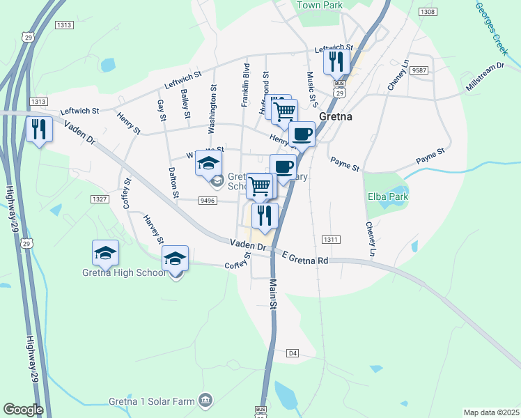 map of restaurants, bars, coffee shops, grocery stores, and more near 100 Vaden Drive in Gretna