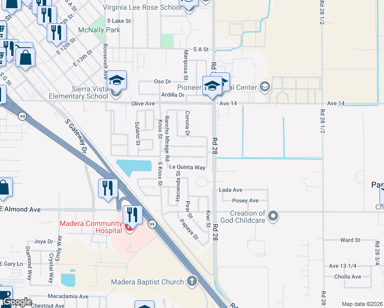 map of restaurants, bars, coffee shops, grocery stores, and more near 1456 Linda Mesa Drive in Madera