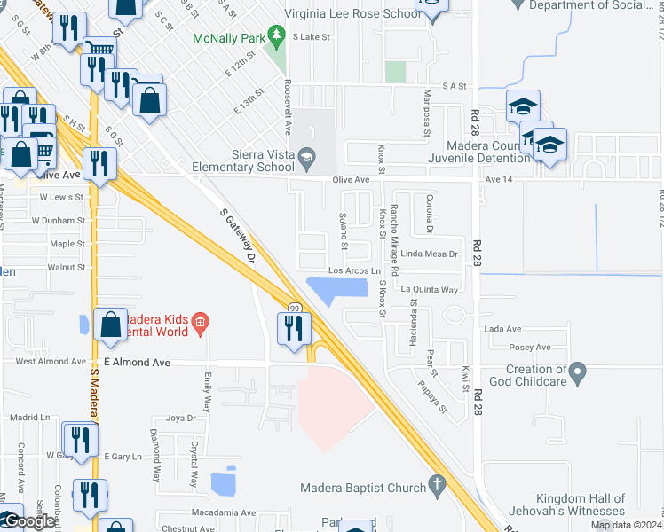 map of restaurants, bars, coffee shops, grocery stores, and more near 2069 Las Fresas Way in Madera