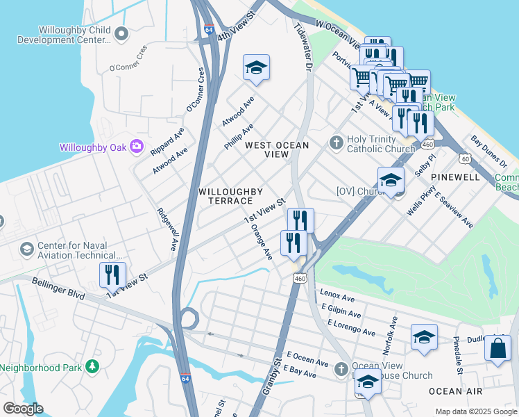 map of restaurants, bars, coffee shops, grocery stores, and more near 9319 1st View Street in Norfolk