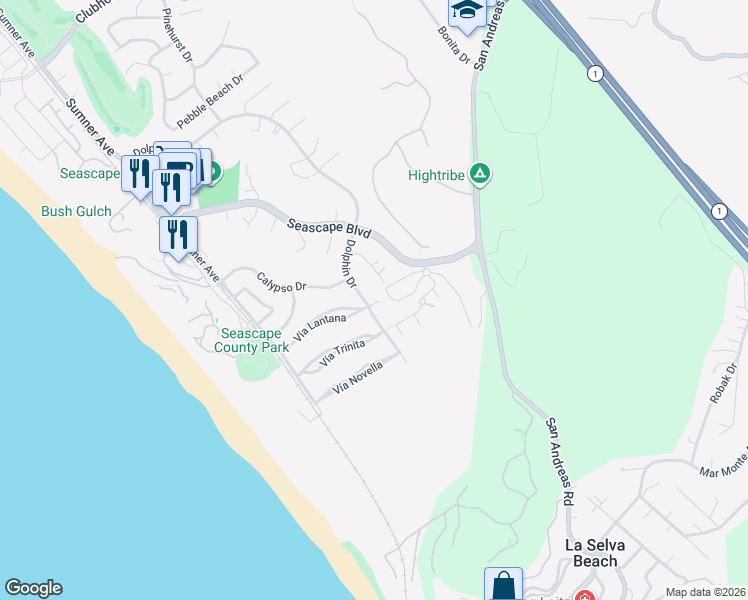 map of restaurants, bars, coffee shops, grocery stores, and more near 2200 Dolphin Drive in Aptos
