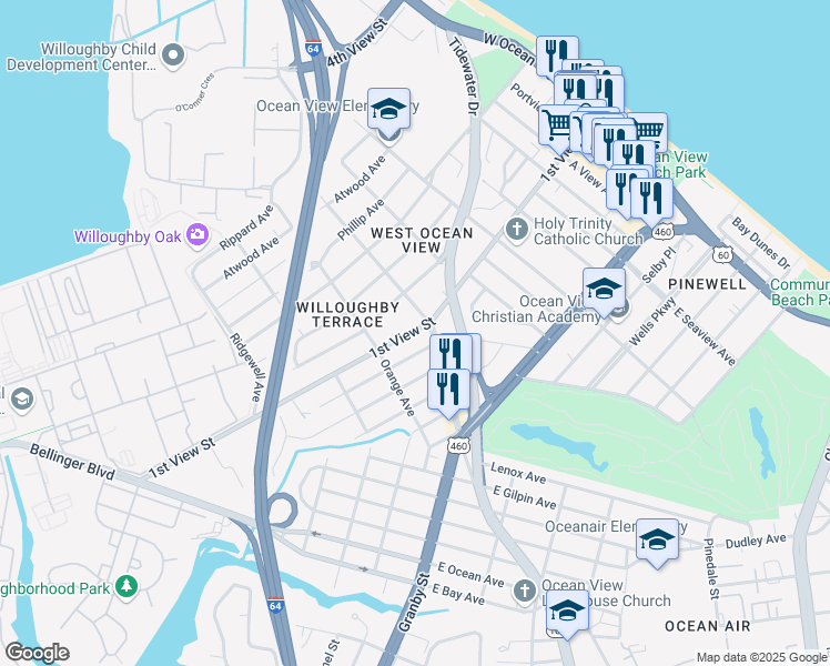 map of restaurants, bars, coffee shops, grocery stores, and more near 9334 1st View Street in Norfolk
